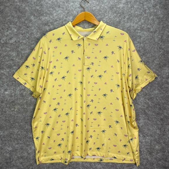 Caddy Cart Polo Shirt Mens 2XL Yellow Palm Tree Parrot Golf Cup Print Fun Summer - Picture 1 of 11